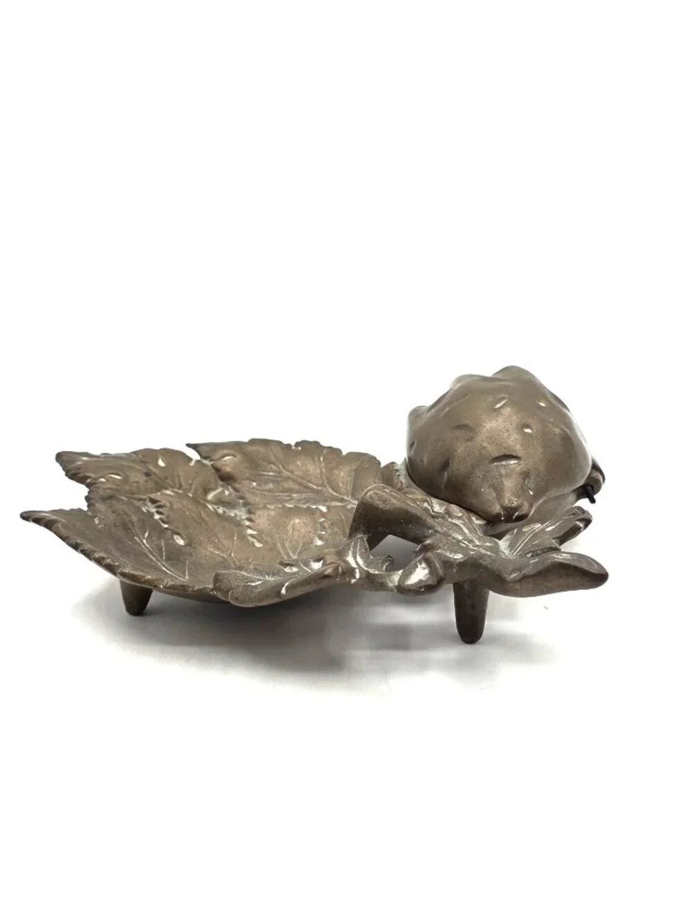 Antique Cast Metal Art Nouveau Leaves Nut Opens Unique Trinket Incense Dish 1899